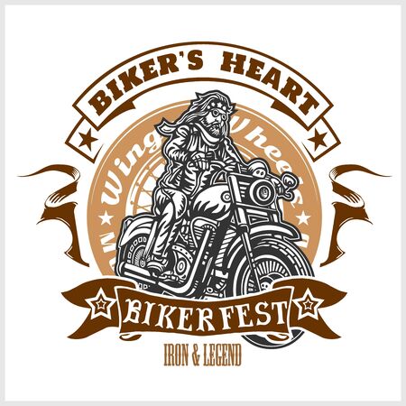 Custom motorcycles club Badge or Label With biker - vector illustration isolated on whiteのイラスト素材