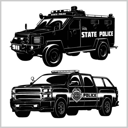 Special Police Cars - pickup truck and armored car - vector set isolated on whiteのイラスト素材