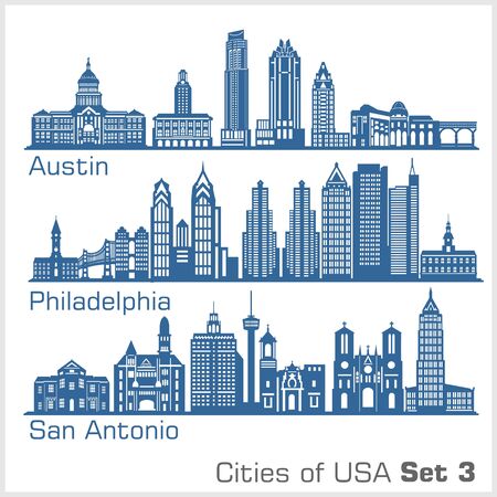 Cities of USA - Austin, Philadelphia, San Antonio. Detailed architecture. Trendy vector illustration.のイラスト素材
