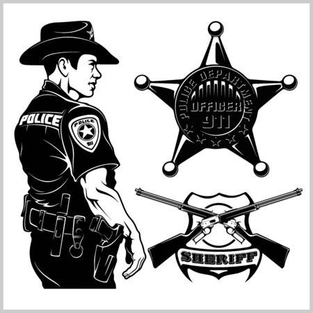 Sheriff Vector set - Design elements, Badge, Sheriff in Monochrome style. Vector illustration Isolated on Whiteのイラスト素材