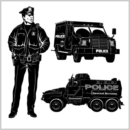 Special Police Cars and Police man - pickup truck and armored car - vector set isolated on whiteのイラスト素材