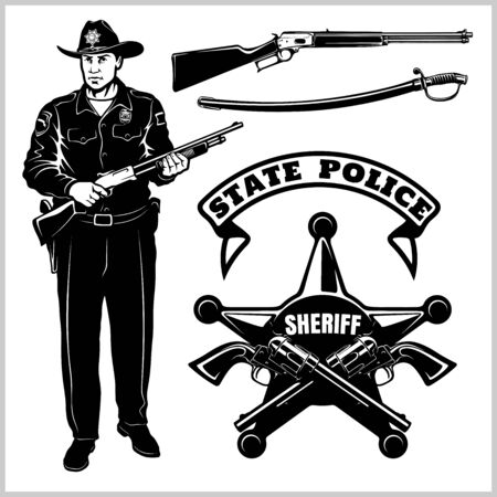 Sheriff Vector set - Wild West. Design elements, Badge, Sheriff in Monochrome style. Vector illustration Isolated on Whiteのイラスト素材