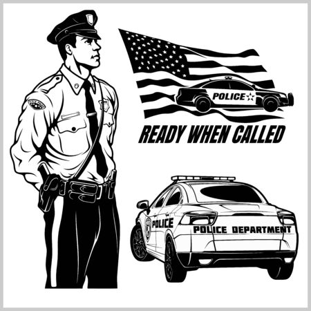 Police Vector set - Police Car and Policeman in Monochrome style.のイラスト素材