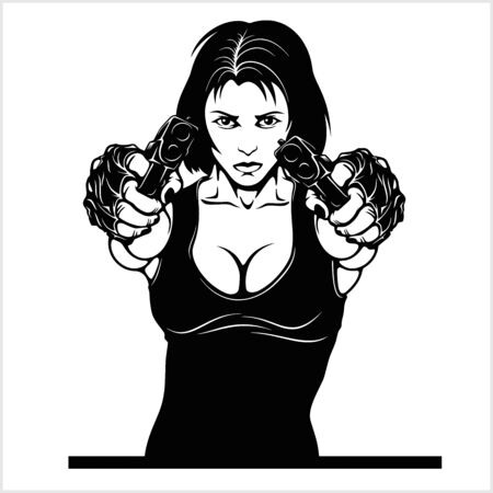 Beautiful woman holding a guns vector illustration isolated on whiye