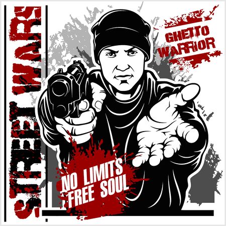Gangster with Gun. Ghetto Warriors. Vector illustration isolated on whiteのイラスト素材