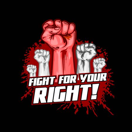 Human Fists Up Revolution - Vector Illustration. Fist of revolution. Black background.のイラスト素材