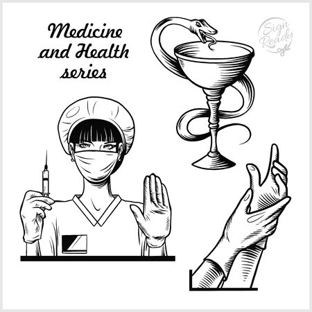Beautiful Nurse with stethoscope. Medicine and health care. Medical sign. Hands in sterile gloves. Vector illustrationのイラスト素材