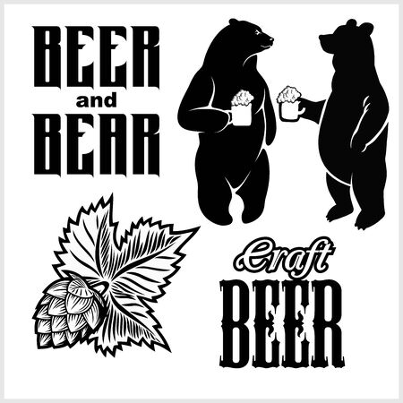 Vector set for craft beer - beer and bear in hand drawn style. isolated on white backgroundのイラスト素材