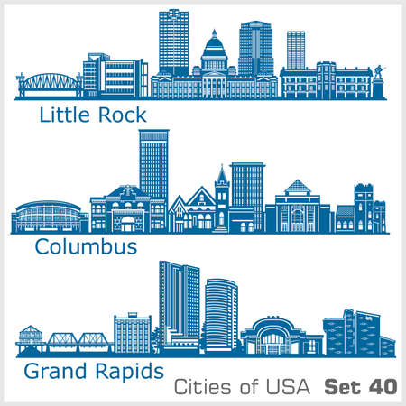 Cities of USA - Grand Rapids, Columbus, Little Rock. Detailed architecture. Trendy vector illustration.のイラスト素材