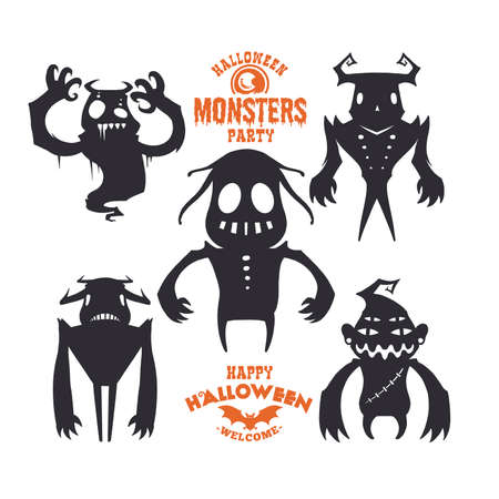 Set of mystical creatures for Halloween. A collection of black silhouettes on light background....