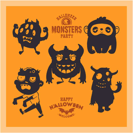 Set of cartoon mystical creatures for Halloween. A collection of black silhouettes on orange background. Vector illustration of monsters.のイラスト素材