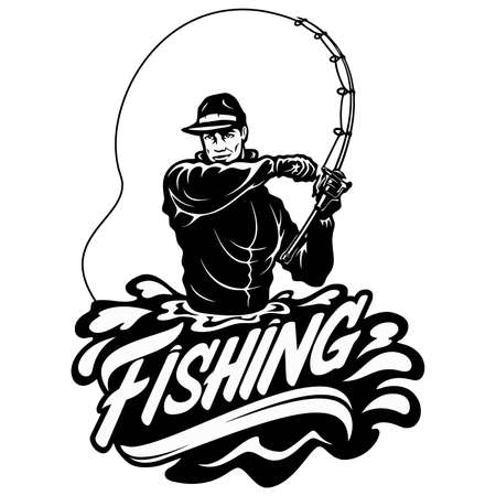 Fisherman in action. Guy is throwing spoon of fly rod in water and holding part of it in hand.のイラスト素材