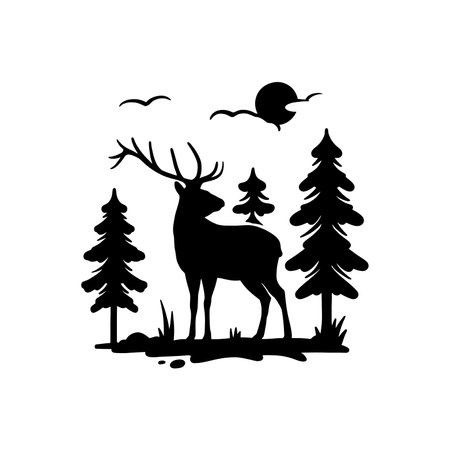 Deer, Male, Horned - forest landscape, Wildlife Stencils - mountain Silhouettes for Cricut, Wildlife clipart, png Cut file, vector, vinyl shirt design.のイラスト素材