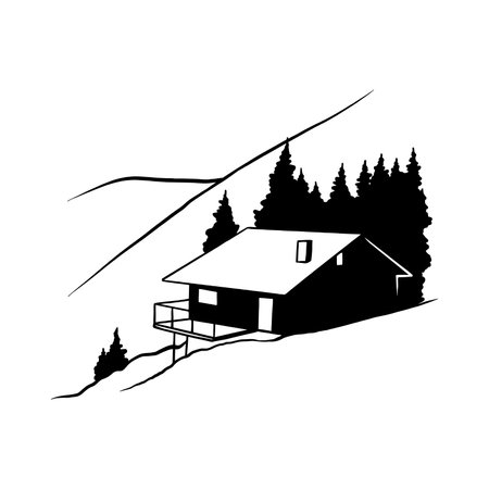 Snow-covered house, Chalet, mountain landscape - Wildlife Stencils - mountain Silhouettes for Cricut, Wildlife clipart, png Cut file, vector, vinyl shirt design.のイラスト素材