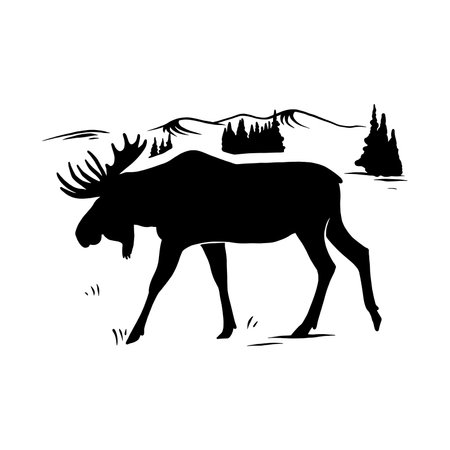Horned Elk, moose - mountain landscape, Wildlife Stencils - mountain Silhouettes for Cricut, Wildlife clipart, png Cut file, vector, vinyl shirt design.のイラスト素材