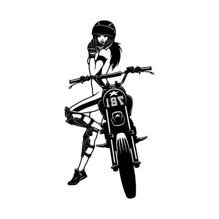 Sexy Girl and Motocross Motorcycle. Motocross Extreme Sport, Freestyle Girl Vector Silhouette.のイラスト素材