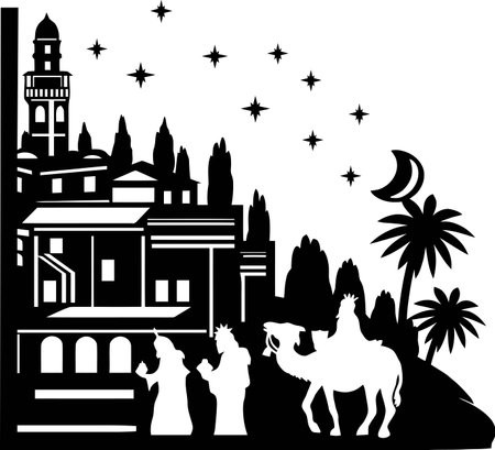 Holy Night silhouette - Nativity scene of baby Jesus silhouette in a manger with Mary and Joseph with the three wise men. Christian Christmas silhouette of animals. Illustration for children.のイラスト素材