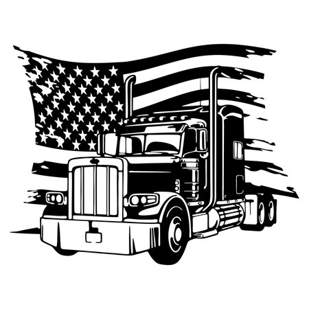 US Semi Truck - Patriotic Trucker SVG - Big Truck Clipart - Trucking Vehicle Cut File Stencil - Semi Trailer USA Flagのイラスト素材