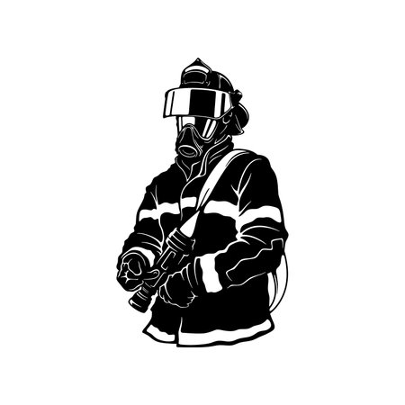Fireman, firefighter stencil. Firefighter black icon on white backgroundのイラスト素材