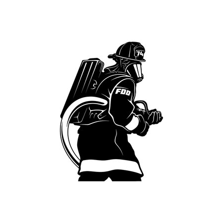 Fireman, firefighter stencil. Firefighter black icon on white backgroundのイラスト素材