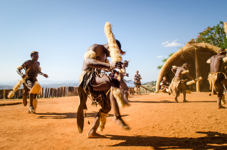 Zulu cultural experience, dressed in traditional gearZulu dressed in traditional gear dancing. Valley of a Thousand Hills, South Africaのeditorial素材