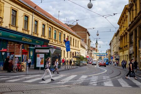 Zagreb city center street. Building achitecture. Croatia euopean capital. Touristic travel destination.のeditorial素材