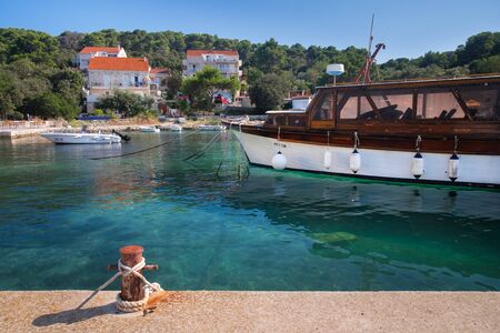 Mljet National Park, boats at the harbor of Pomea. Mljet island, Dalmatia, Croatia.のeditorial素材