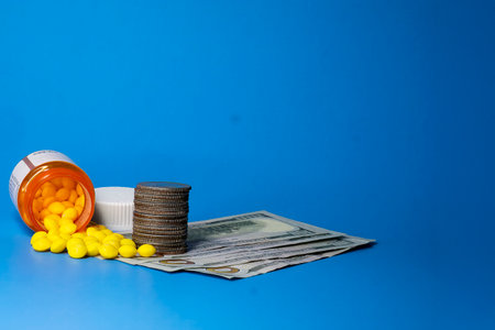 A pill bottle with yellow pills spilled out on hundred dollar bills and silver dollars. Concept is the expense of drugs that are taken like candy and abused. Front view.の写真素材