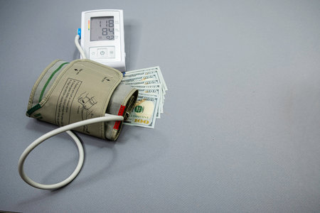 A blood pressure monitor with a spread of one hundred dollar bills spread out under them. The background is grey.の写真素材