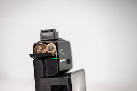 Two AA batteries showing signs of corrosion, installed in a camera flash.