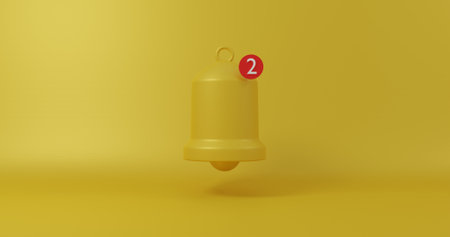 3d rendering of a yellow bell with a notification icon on a yellow background