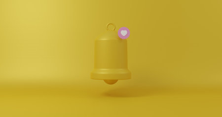 3d rendering of a notification bell in yellow background with heart icon.