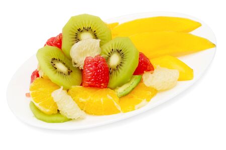 fruit salad isolated on whiteの写真素材