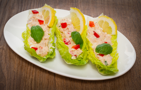 Romaine Lettuce Leaf Tuna Salad Wrapsの写真素材