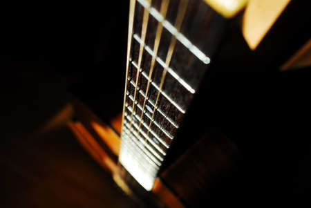 Detail of acoustic guitar, showing fretboard.