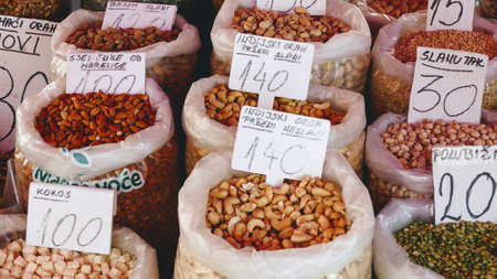 Sacks of various nuts for sale in a Croatian street market in Autumnの写真素材