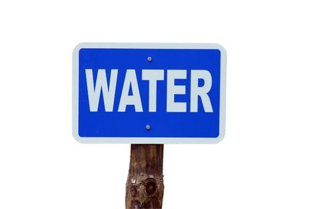 wodden post with blue water sign isolated over white backgroundの写真素材