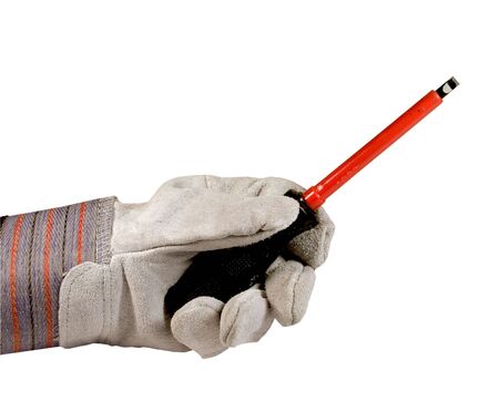 worker with glove holding an electrical screwdriverの写真素材