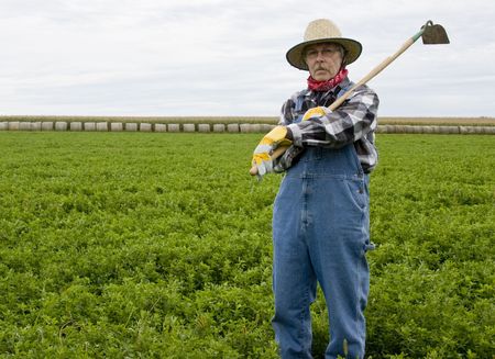 farmer wearing bib overalls  and a straw hat with a hoe on his shoulder on a hay fieldの写真素材