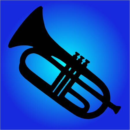 trumpet silhouette over a blue radial gradient background
