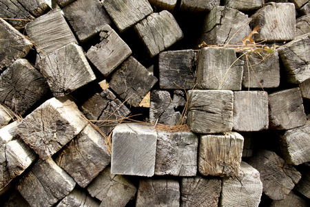 pile of old railroad ties makes a vintage wooden の写真素材