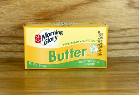 SPENCER , WISCONSIN- MARCH 18, 2014 : box of Morning Glory Butter. Morning Glory is a Wisconsin Dairy companyのeditorial素材
