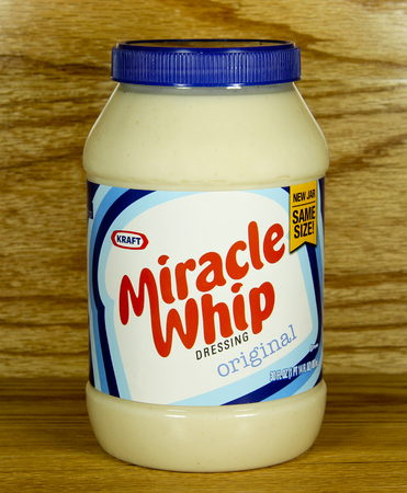 SPENCER , WISCONSIN-APRIL24, 2014 :  jar of  Miracle Whip Dressing. Miracle Whip is a Kraft Foods product.のeditorial素材
