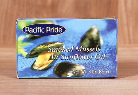 SPENCER , WISCONSIN,  February, 14, 2015   Box of Pacific Pride Smoked Mussels. Pacific Pride is a leading provider of Mussels and Seafood productsのeditorial素材