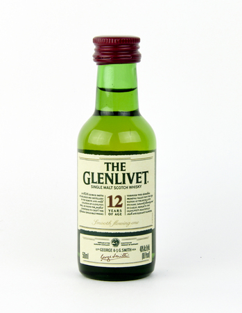 Spencer, Wisconsin, January,19,2016,  Mini bottle of 12 year old Glenlivet Scotch Whisky  The Glenlivet is based in Scotland and was founded in 1824のeditorial素材