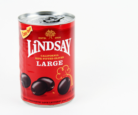Spencer, Wisconsin, November, 7,  2018  Can of Lindsay Black Pitted Olives  Lindsay is a California based company founded in 1916のeditorial素材