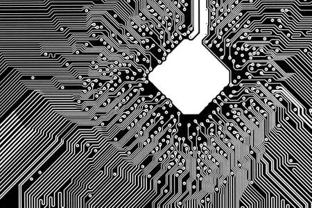 Abstract black and white texture of printed circuit board with free spaceの写真素材