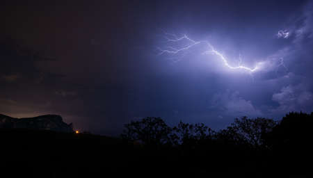 Lightning in the dark sky panoramicの写真素材