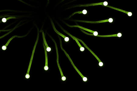 A bunch of green light bulbs on long wires isolated on blackの写真素材