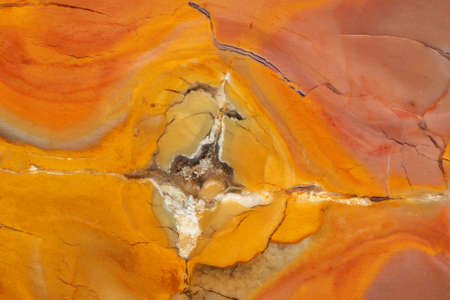 Texture of red-yellow Jasper flowers with veins of quartz and chalcedonyの写真素材